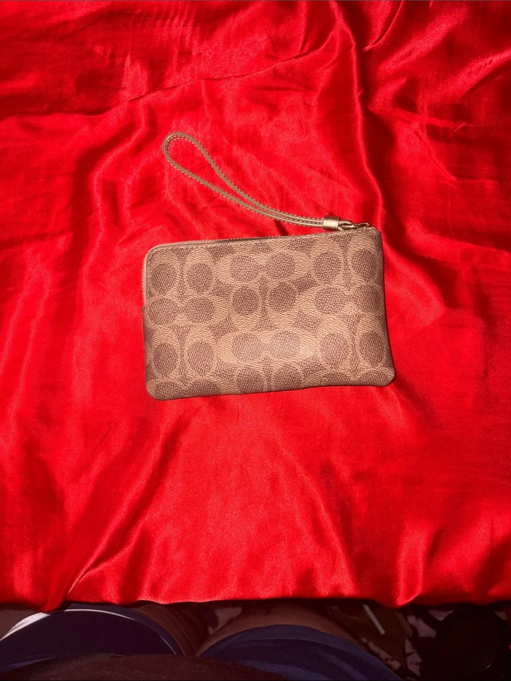 Coach Brown Signature Wristlet with Leather Center Band